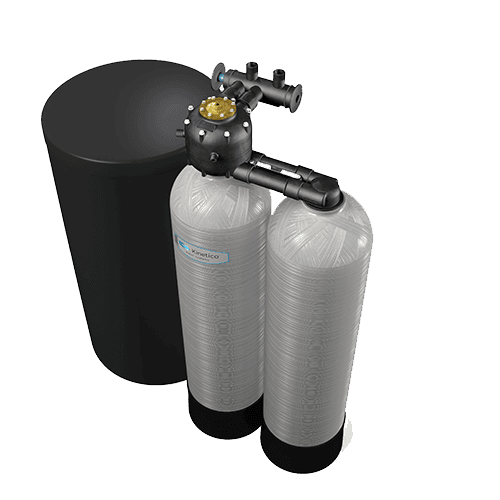 A 3d model of a water softener with two cylinders attached to it.