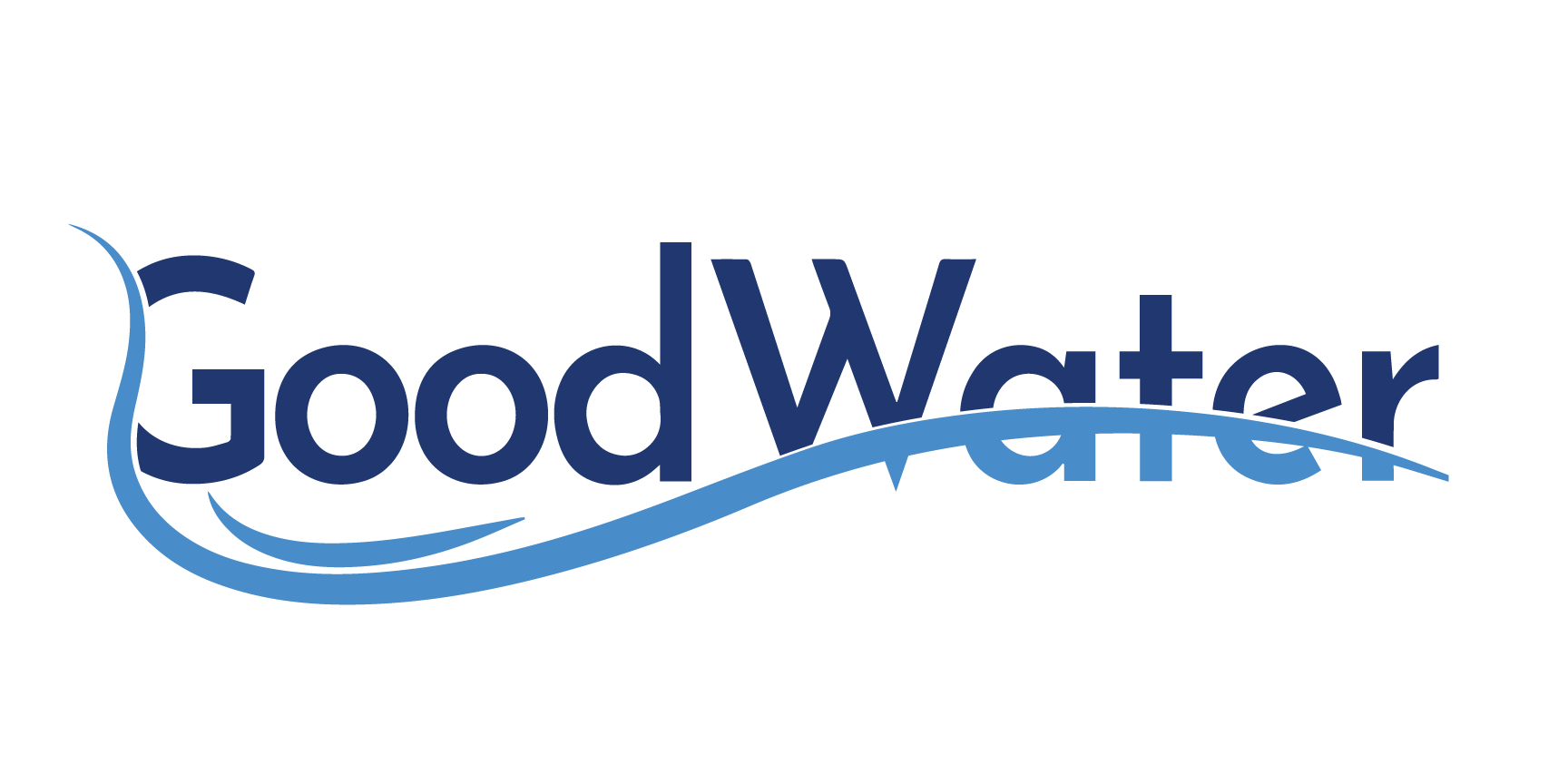 A logo for good water with a blue wave on a white background.