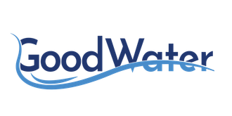 A logo for good water with a blue wave on a white background.