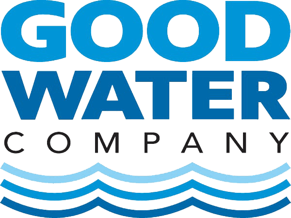 The logo for the good water company is blue and white with waves.