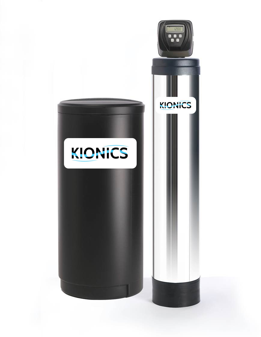 A stainless steel water softener is sitting next to a black tank.