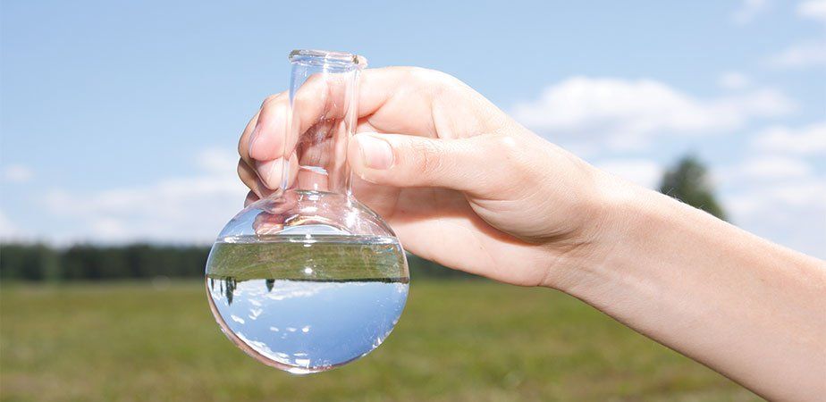 A person is holding a beaker of water in their hand.