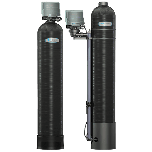 Two black water filters are sitting next to each other on a white background.