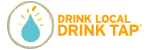 A logo for drink local drink tap with a drop of water in a circle.