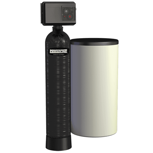 A water softener is sitting next to a water tank on a white background.