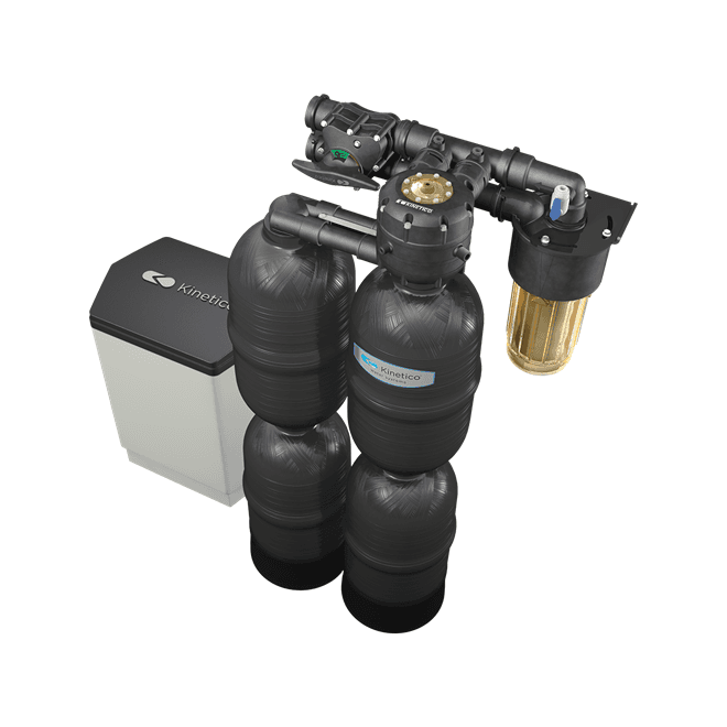 A water filter with three bottles attached to it on a white background.