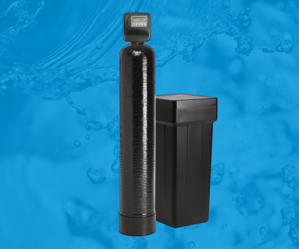 A water softener is sitting next to a water tank on a blue background.