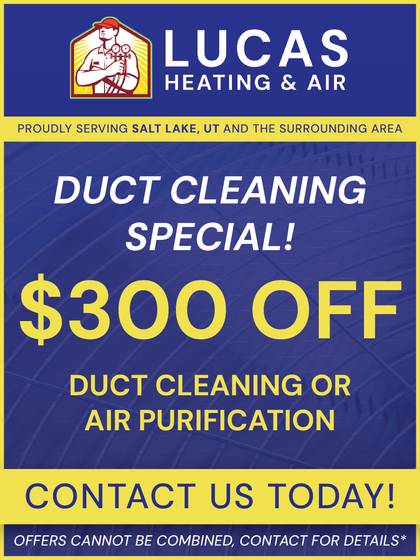 Advertisement for Lucas Heating & Air, offering $300 off duct cleaning or air purification in Salt Lake City area.