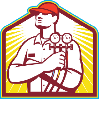 HVAC technician holding gauges, wearing a red cap, inside a yellow and blue house outline.