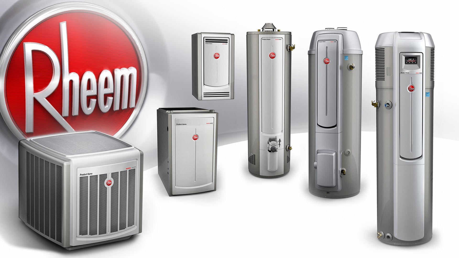A group of rheem water heaters sitting next to each other