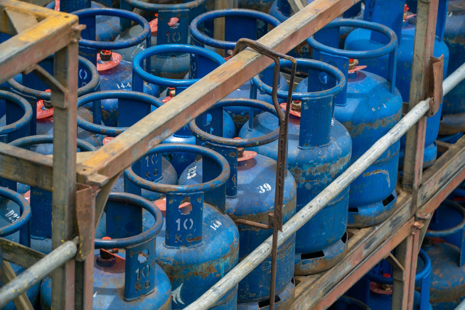 Close up of LPG gas tanks for home use and transported by truck to local supplier.