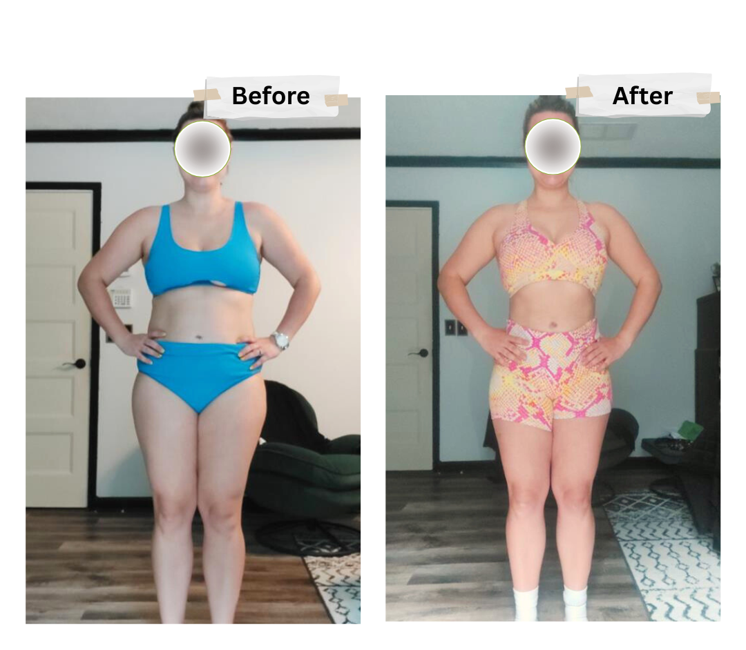 A before and after photo of a woman in a bikini.