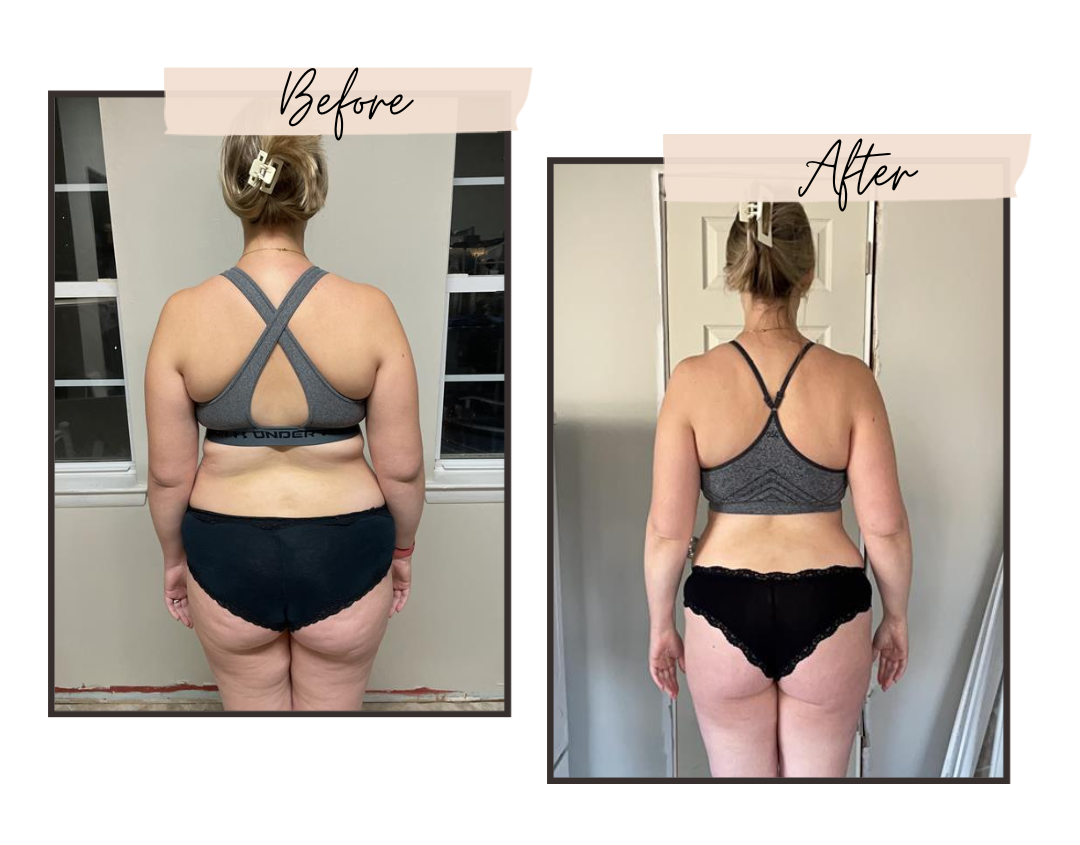 A before and after picture of a woman in a bikini.