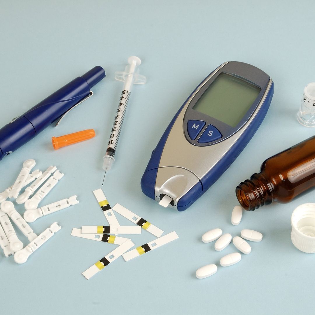 A bottle of pills is being poured into a table with a test strip