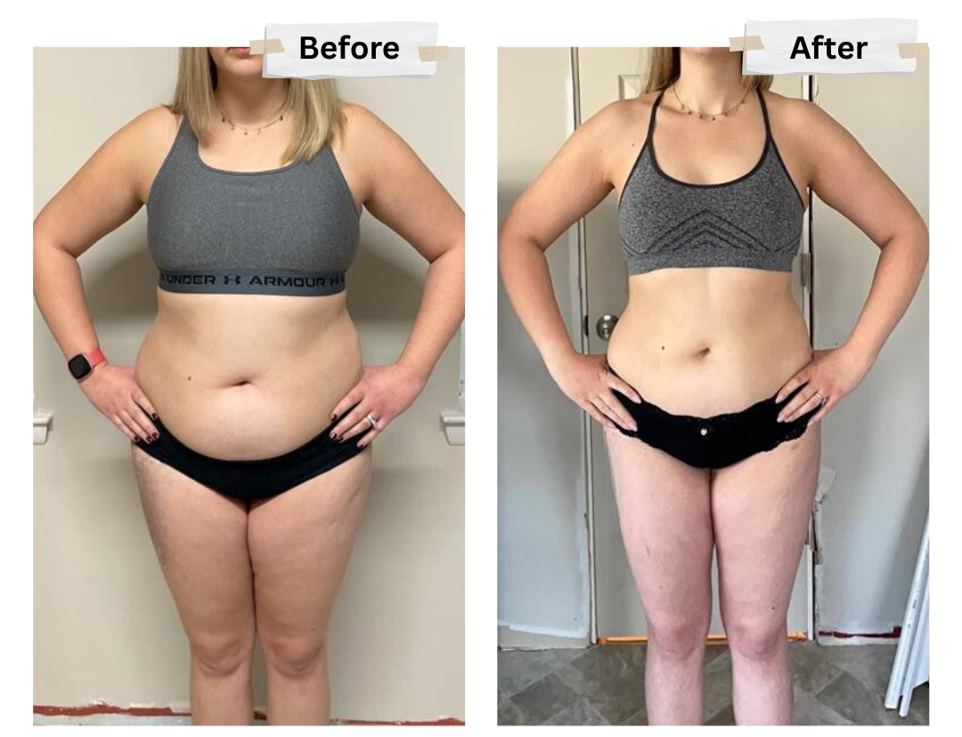 A before and after photo of a woman in under armour underwear