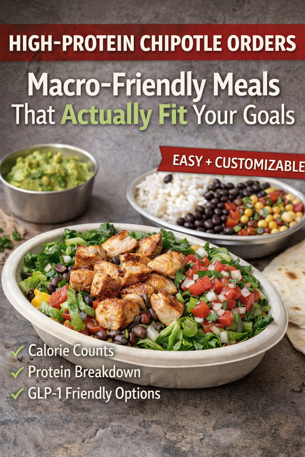 High-protein Chipotle bowl with grilled chicken, black beans, fajita veggies, tomato salsa, and lett