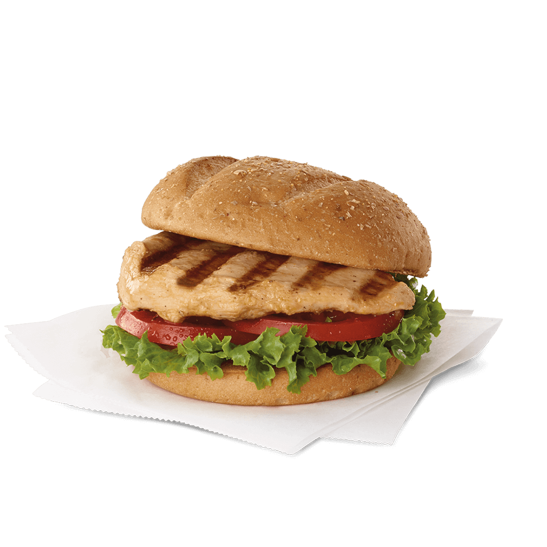 Chick-fil-A Healthier options include a grilled chicken sandwich with lettuce and tomatoes on a bun.