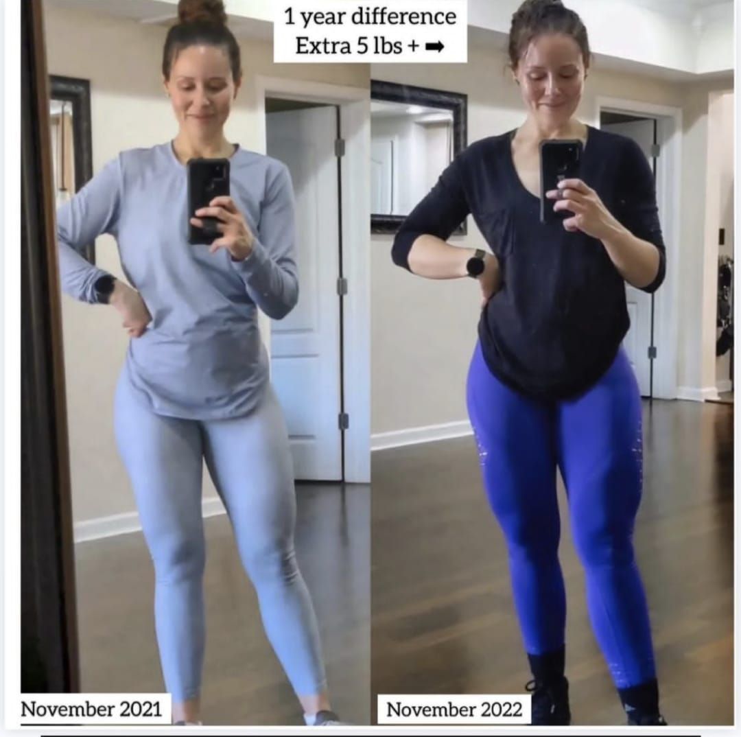 A woman is taking a picture of herself in a mirror in november 2021 and november 2022