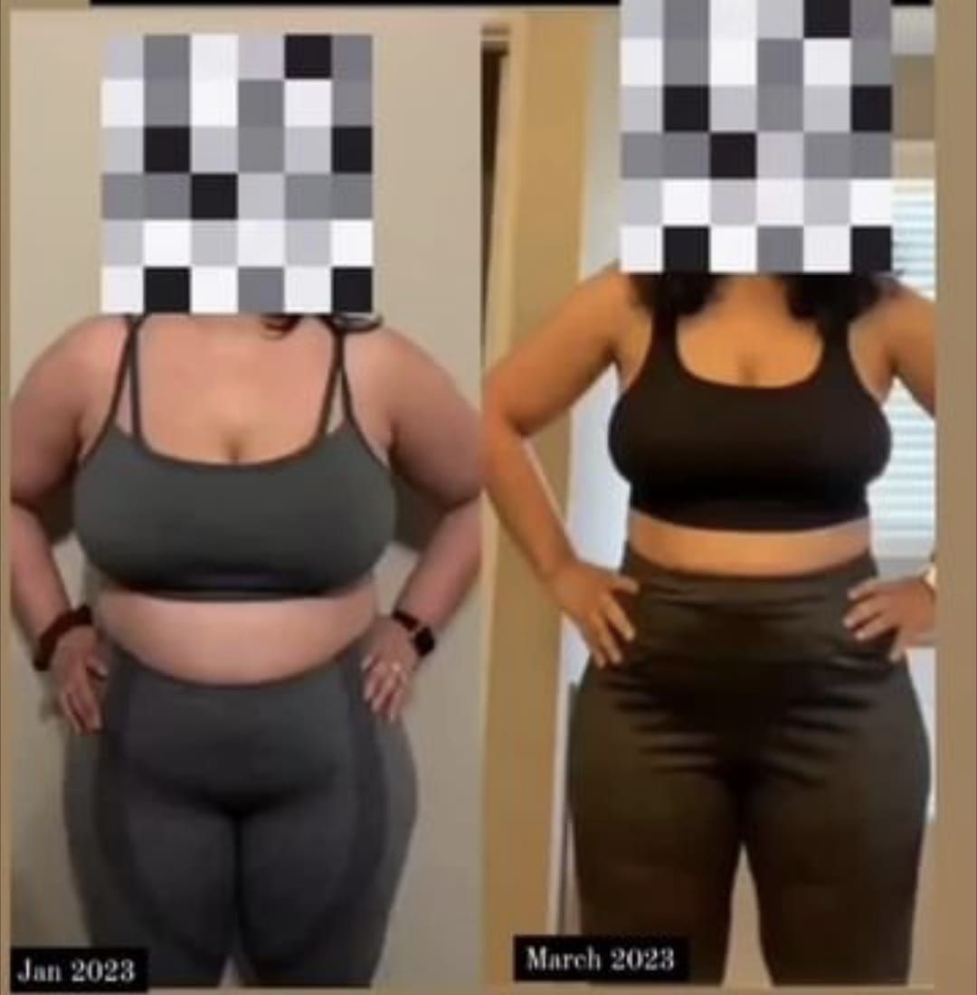 A before and after photo of a woman 's weight loss