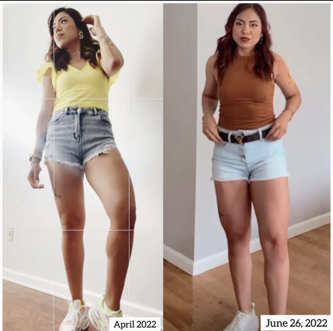 Two pictures of a woman wearing shorts and a yellow shirt. Strength Training and Nutritional Coaching