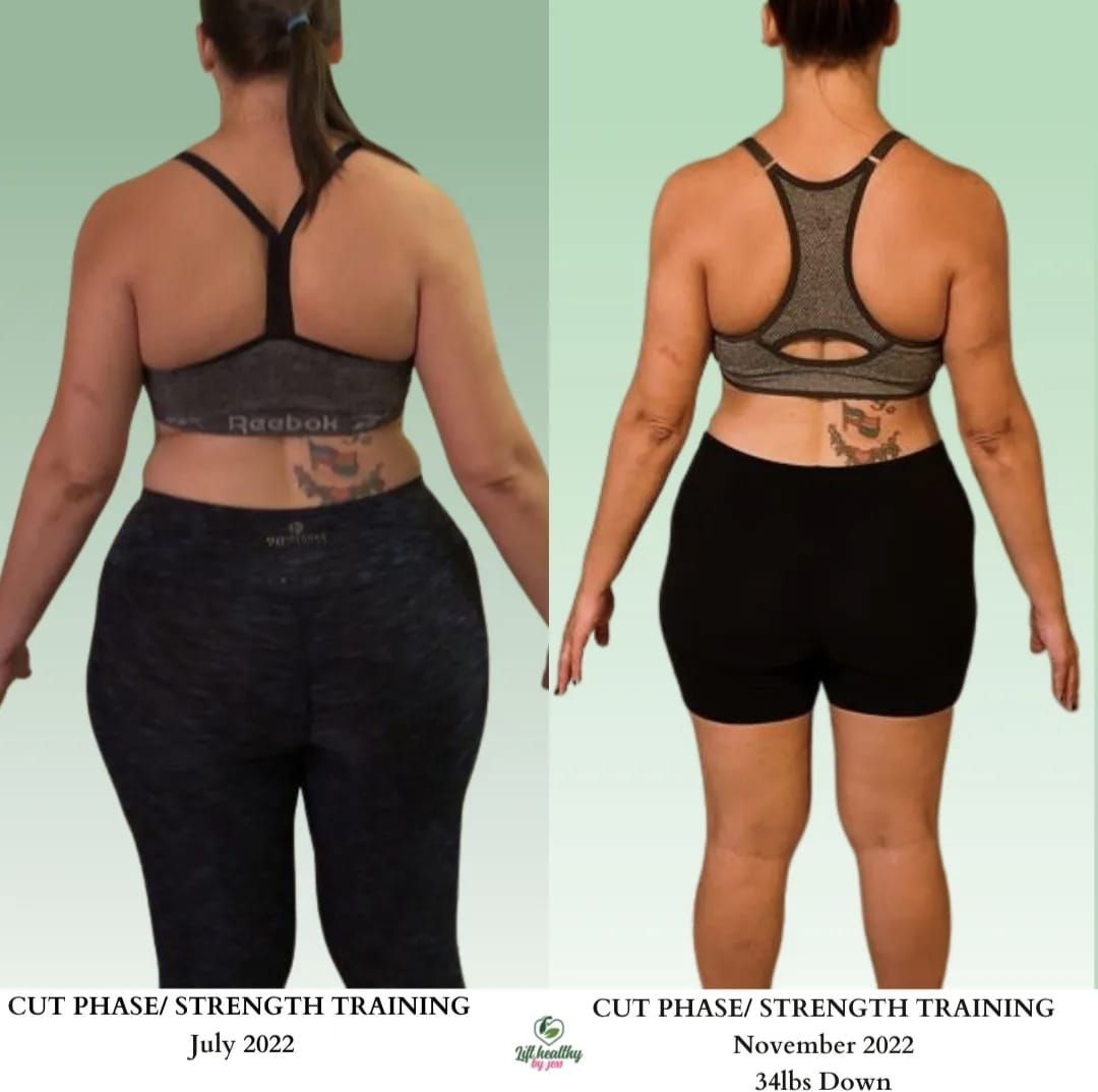 A picture of a woman before and after a cut phase strength training