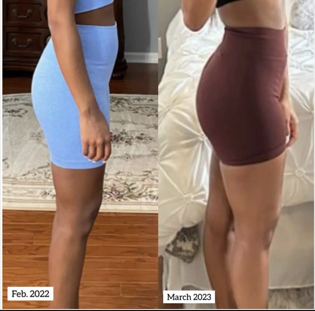 A woman in blue shorts and a woman in a brown shorts before and after nutrition coaching