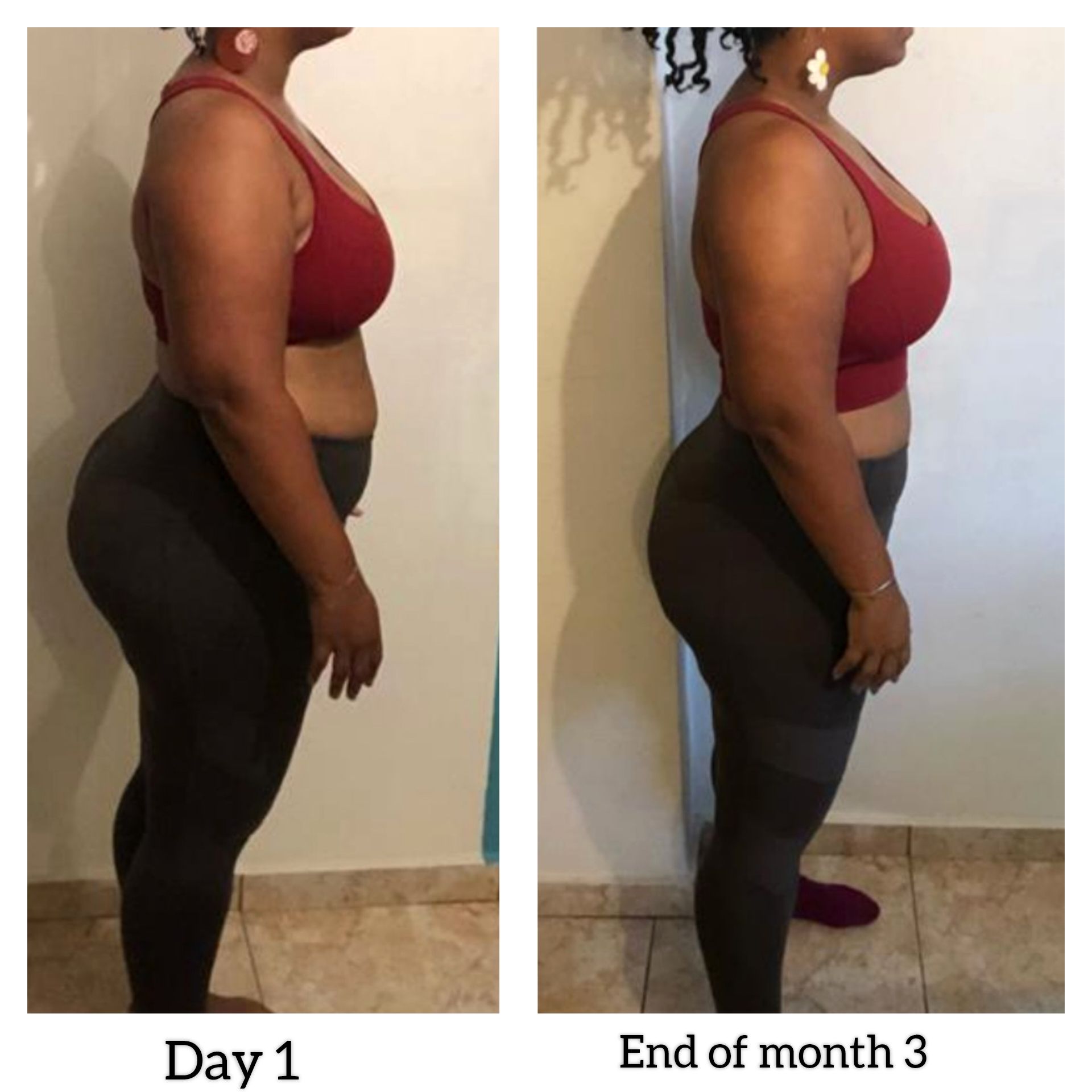 A before and after photo of a woman 's weight loss