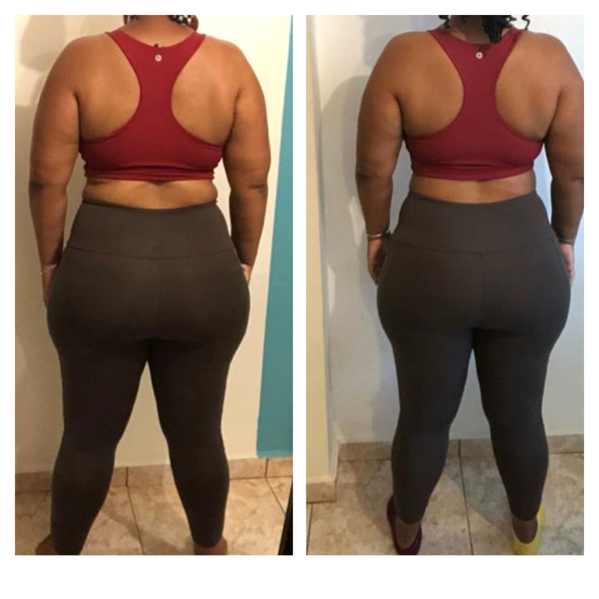 A before and after photo of a woman wearing leggings and a red sports bra