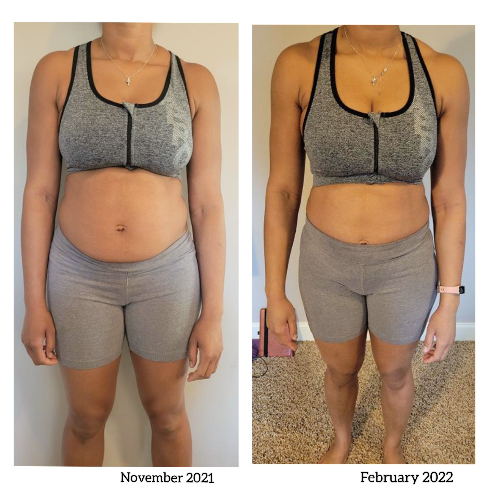 A woman in a sports bra and shorts is shown before and after losing weight.