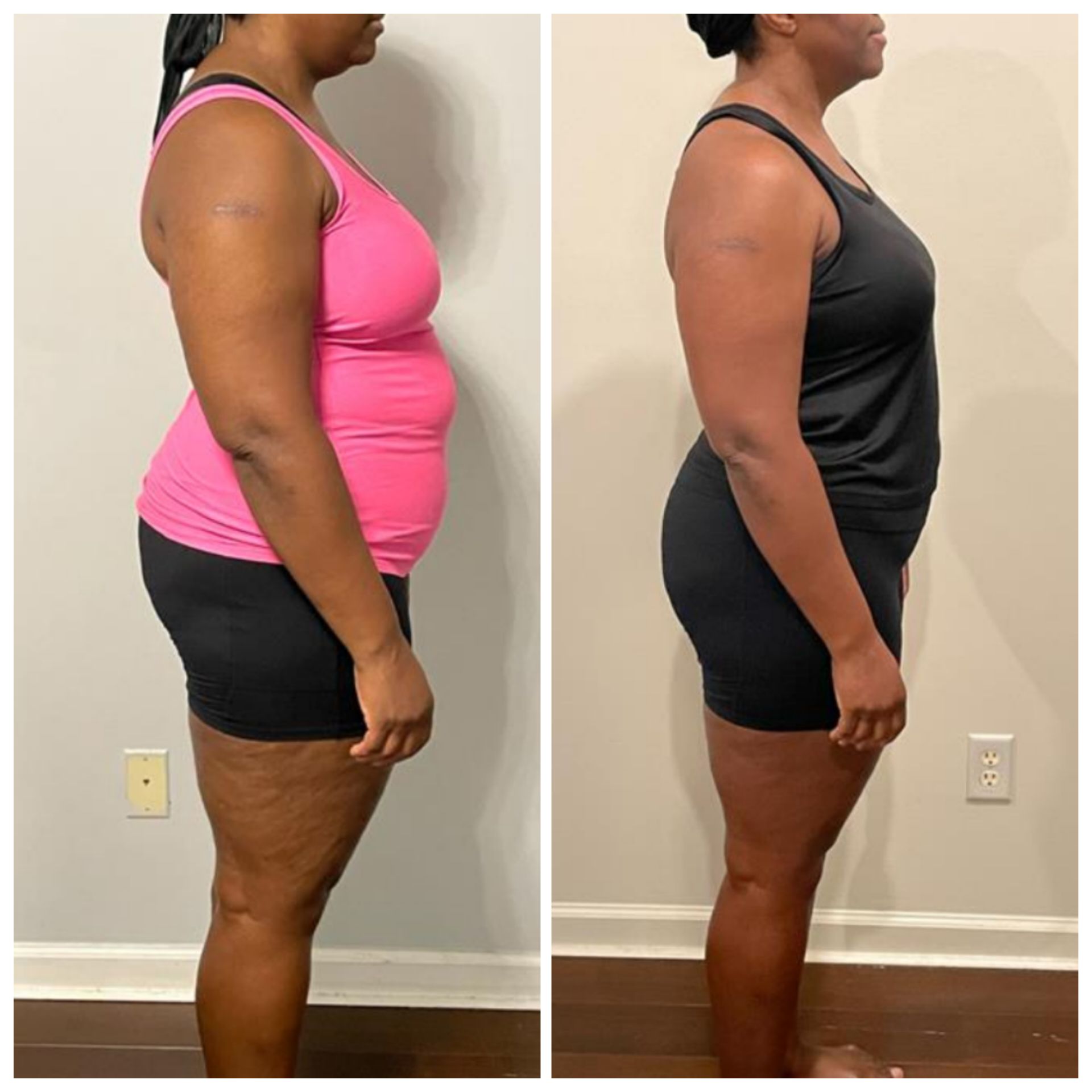 A before and after photo of a woman in a pink tank top and black shorts.