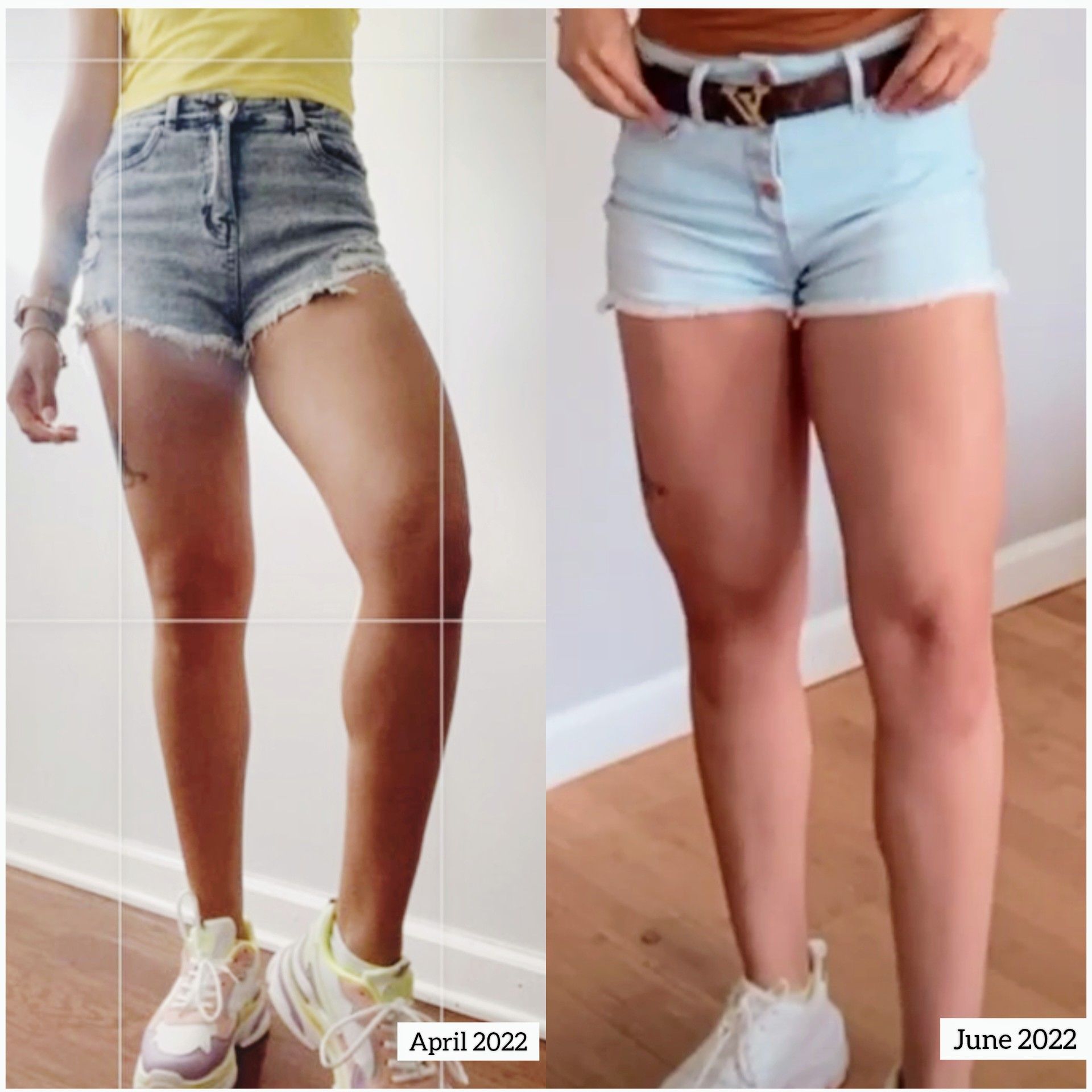 A picture of a woman 's legs from april 2013 and june 2022