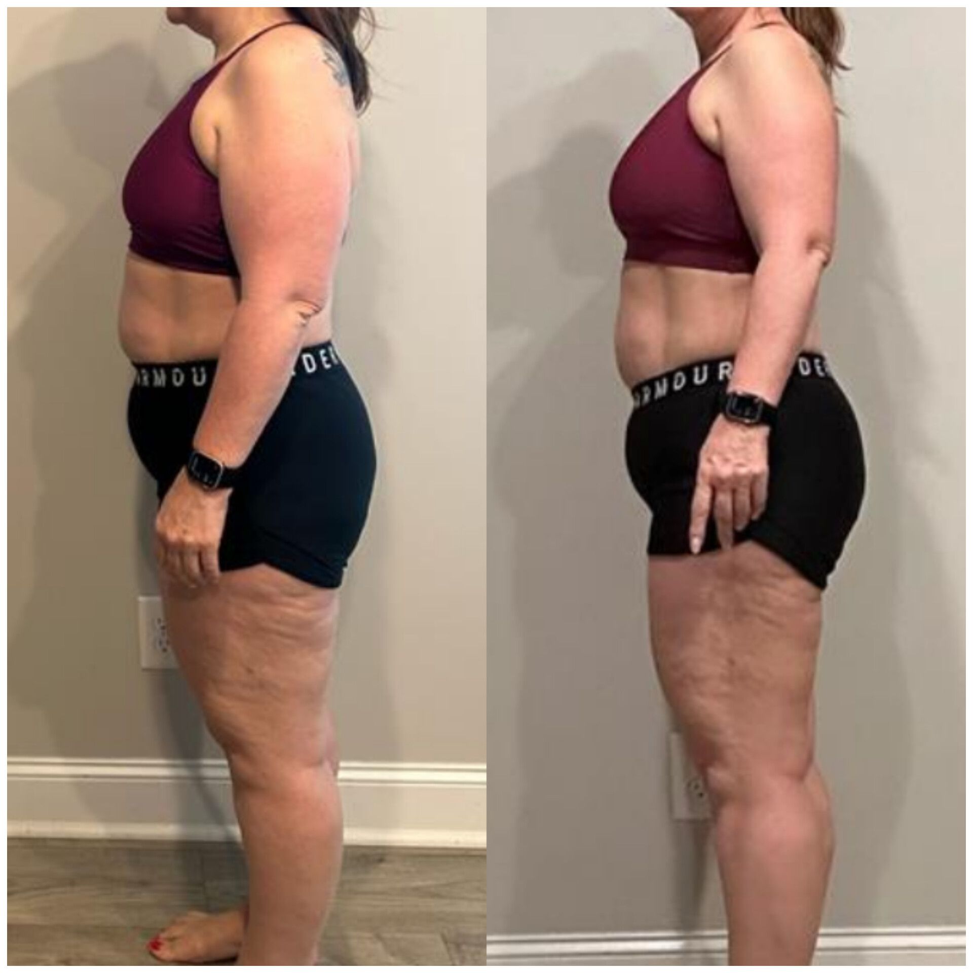 A woman is standing in front of a wall in a before and after photo.