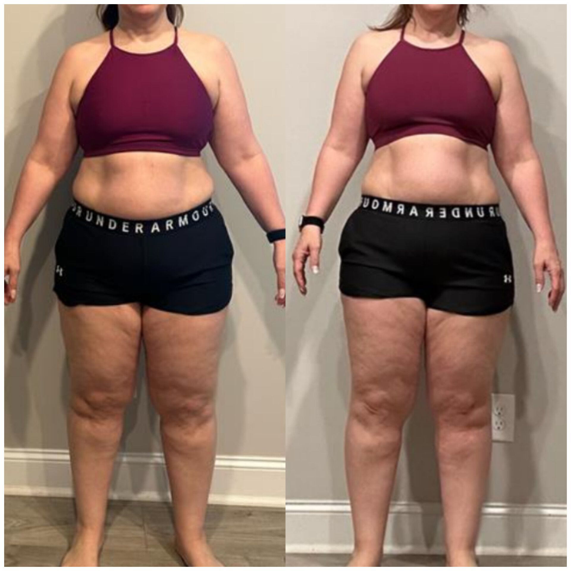 A before and after photo of a woman wearing under armour shorts