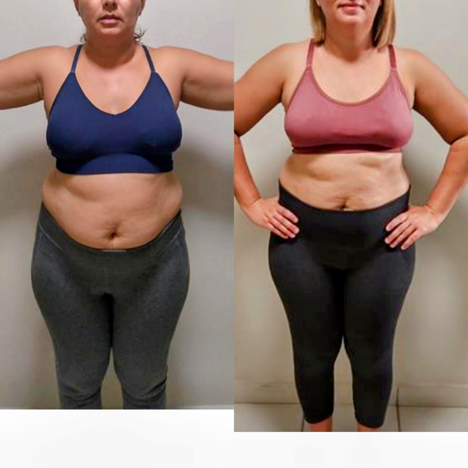 a before and after photo of a woman in a sports bra and leggings