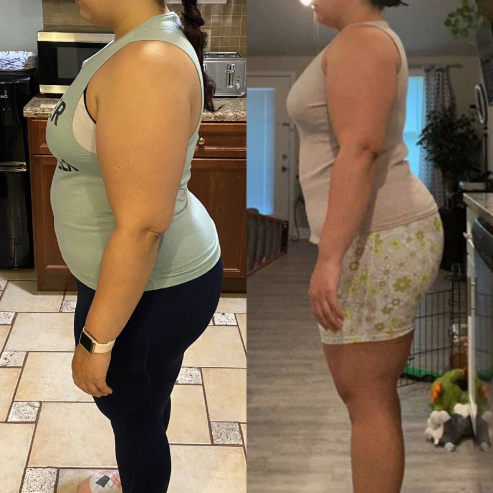A before and after photo of a woman 's weight loss