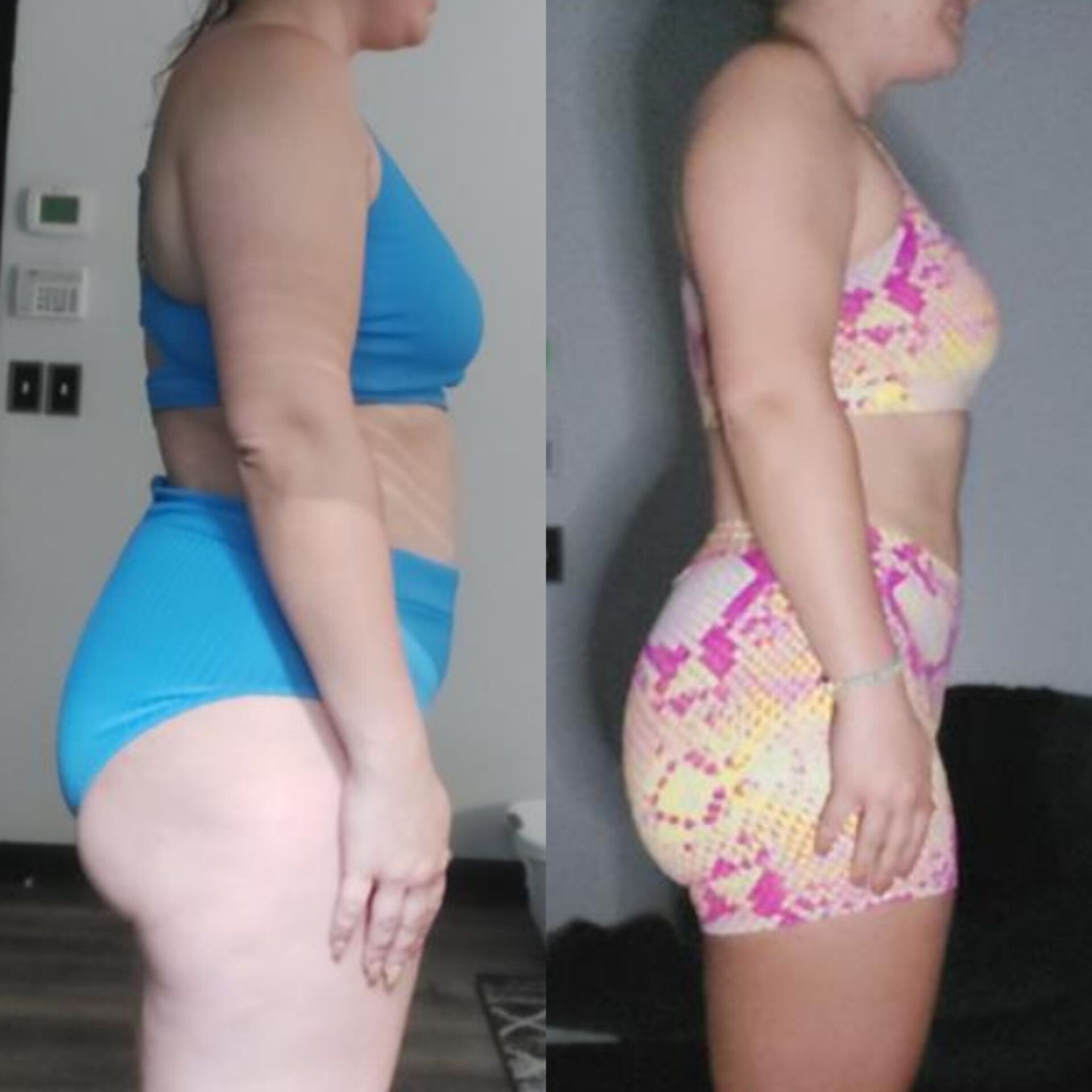 A woman in a bikini is standing next to another woman in a bikini.