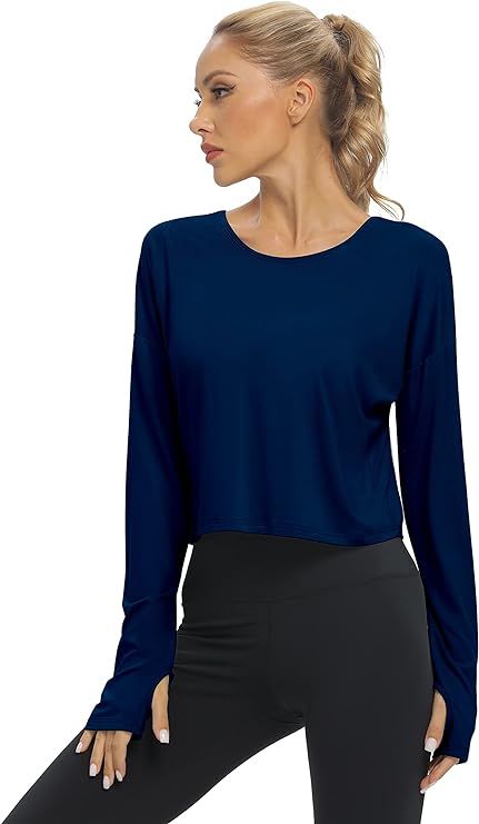 Long-sleeve crop top with open back and thumbholes, soft and stretchy, providing comfort during workouts and casual wear.