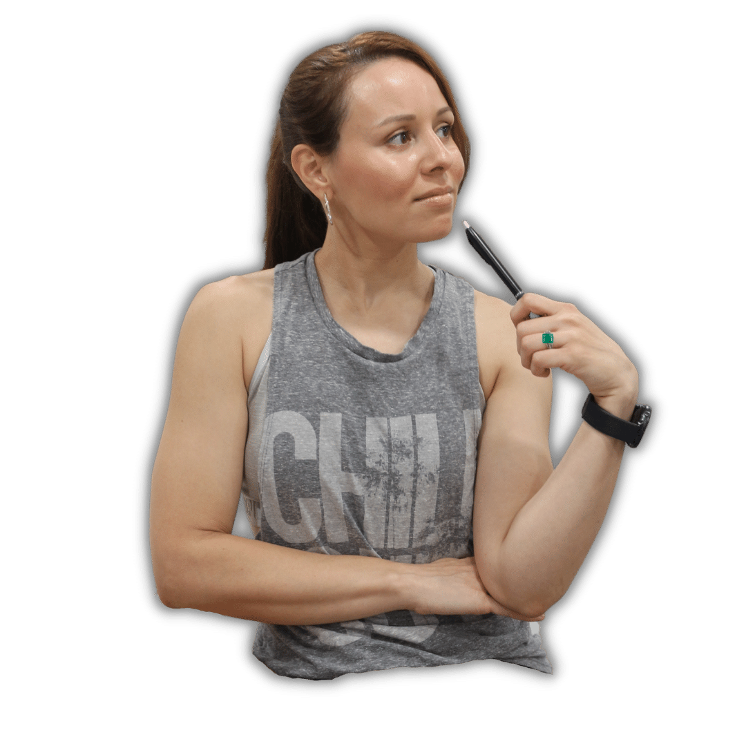 A woman wearing a tank top with the word chill on it