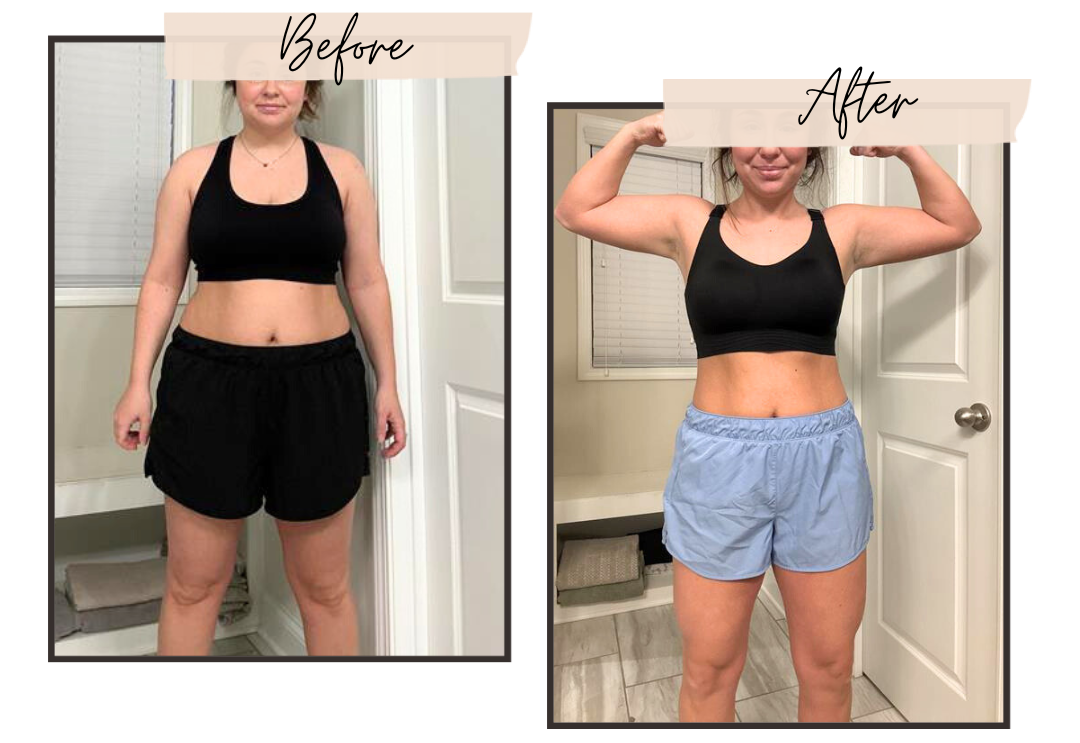 A before and after picture of a woman standing in front of a door.