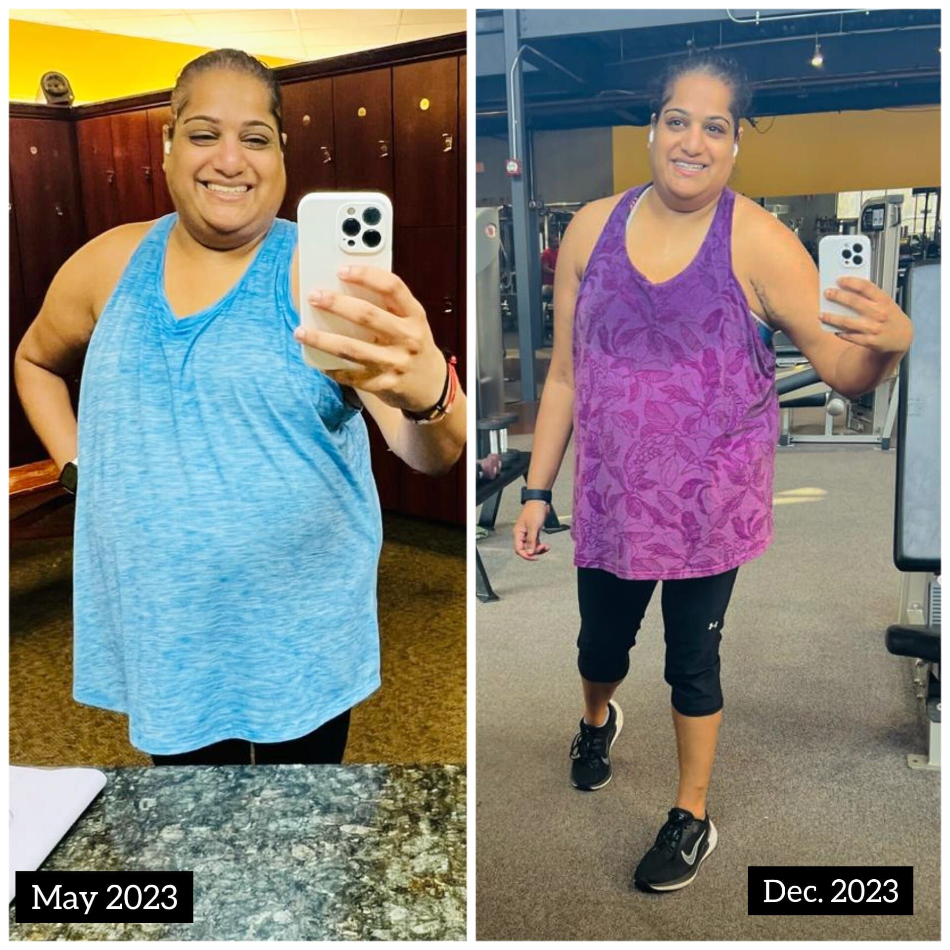 A woman is taking a selfie in a gym before and after losing weight.