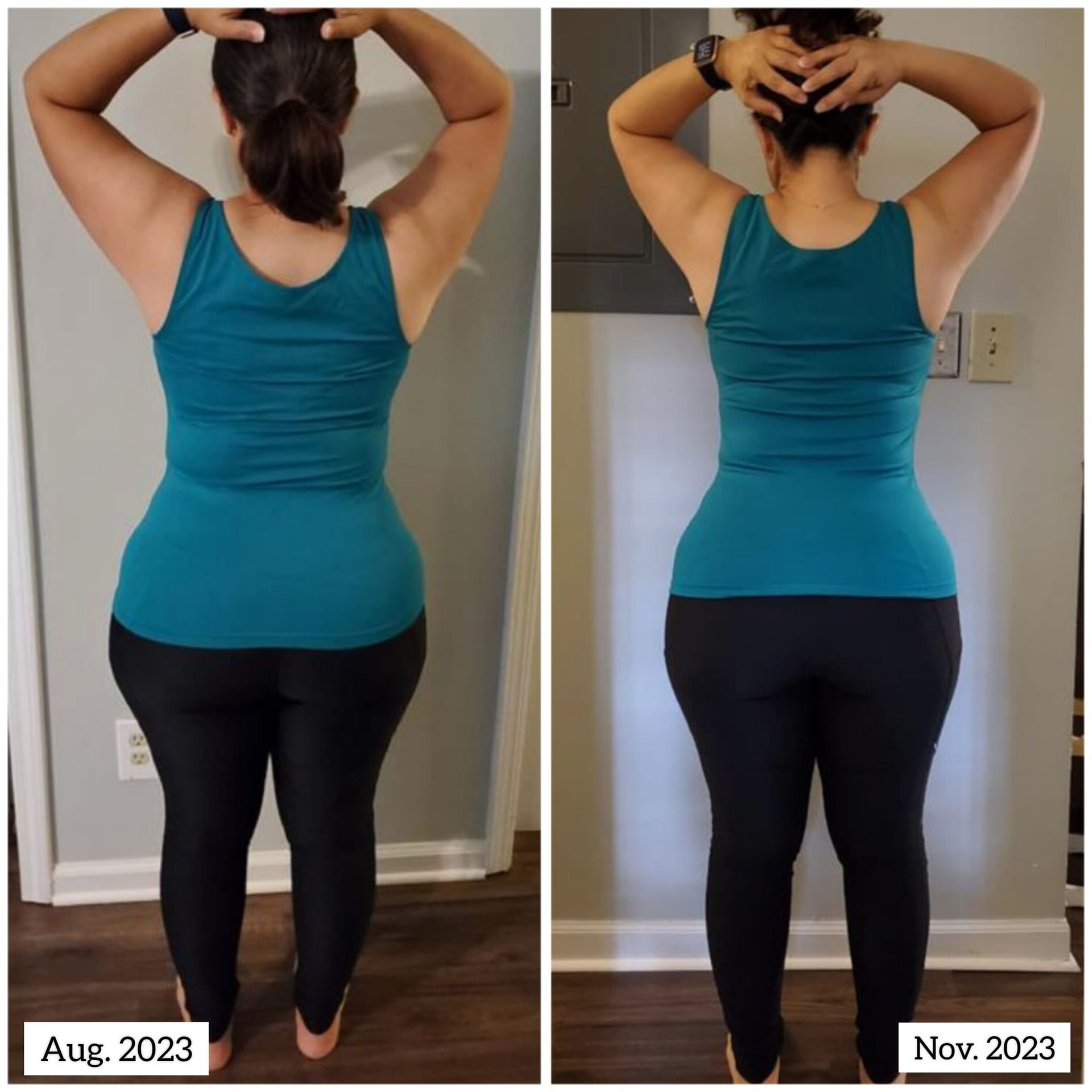 A before and after photo of a woman in a blue tank top and black pants