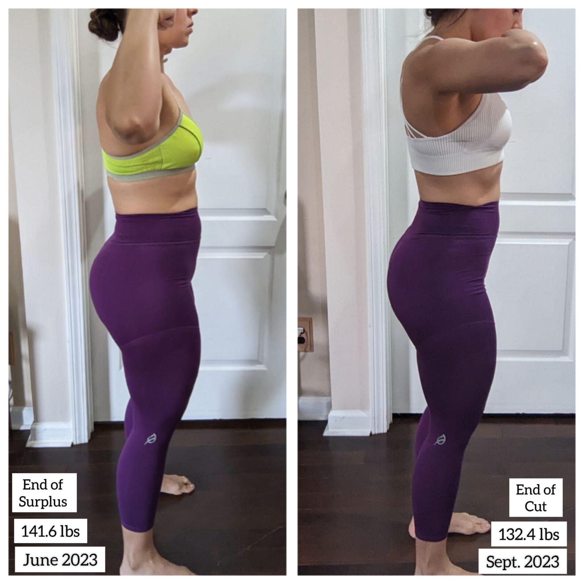 A woman is standing in front of a door wearing purple pants and a yellow bra.