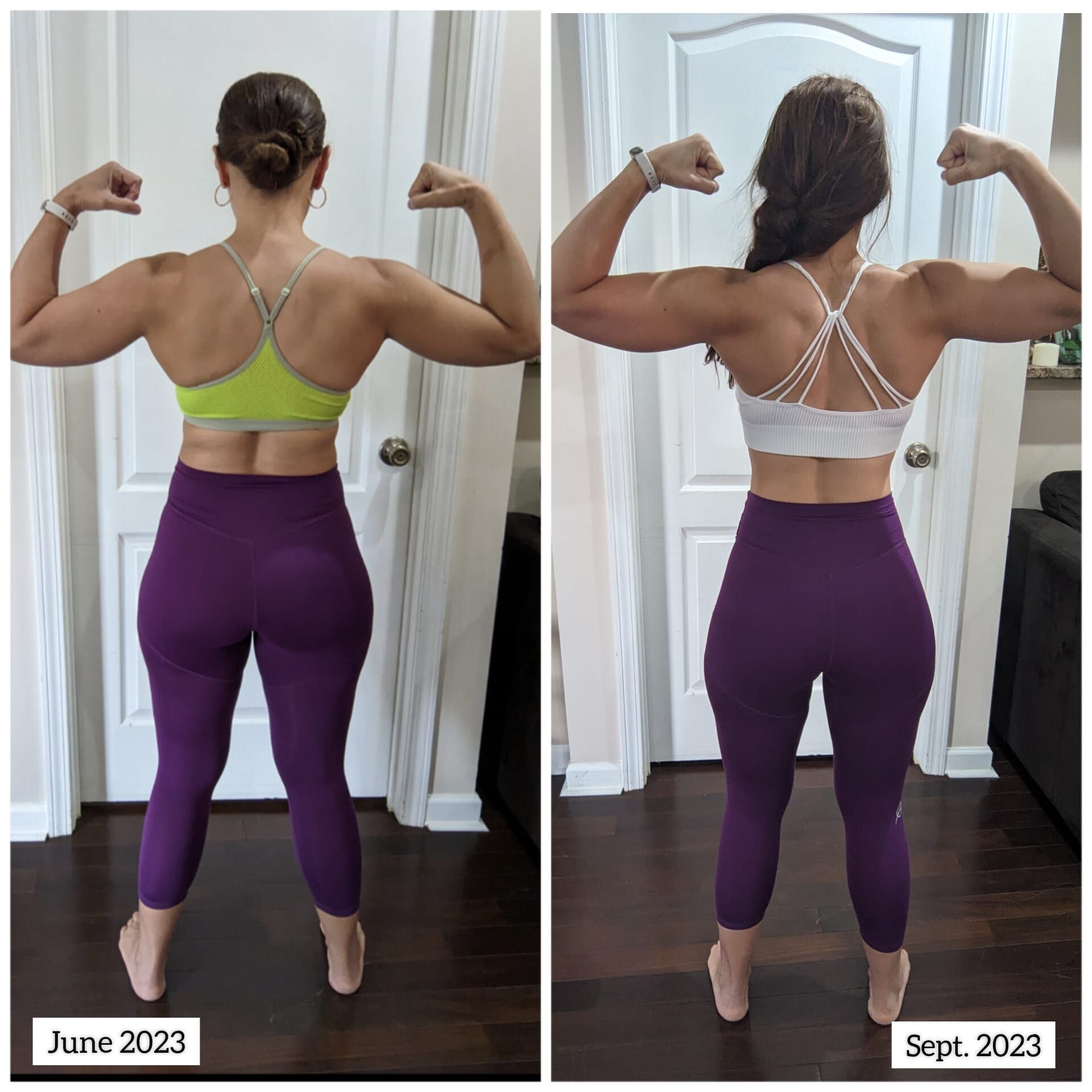 A woman in purple pants is flexing her muscles in front of a door.