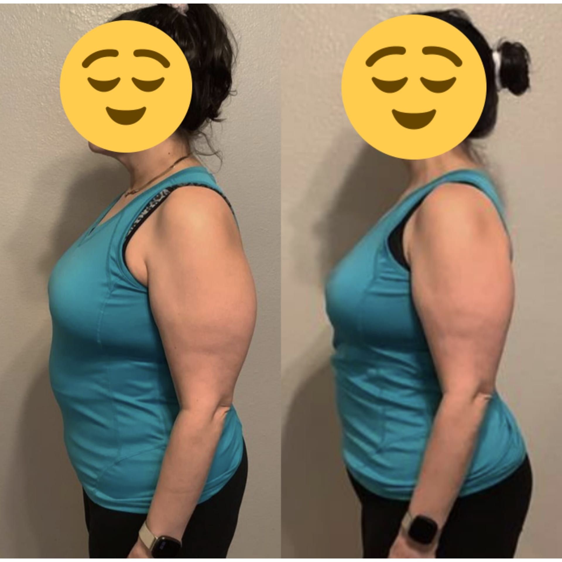 A woman in a blue tank top has a yellow smiley face on her face