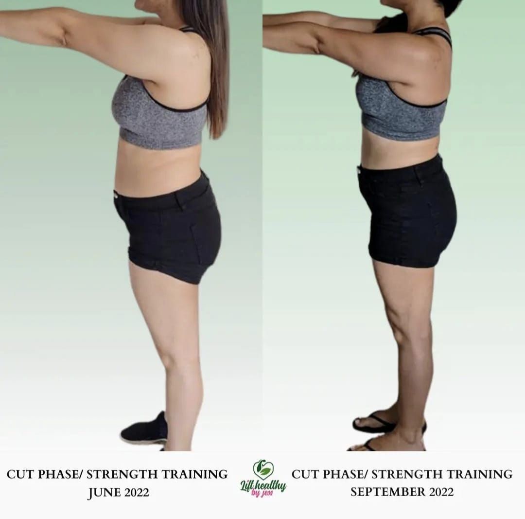 A before and after photo of a woman doing exercises
