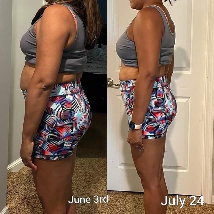 A before and after photo of a woman 's weight loss