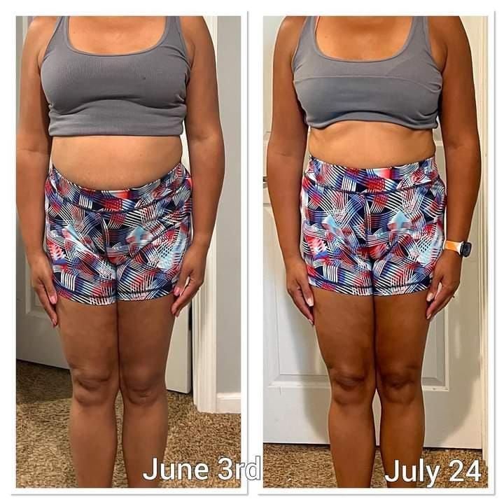 A woman is shown before and after losing weight