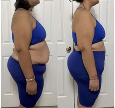 A before and after photo of a woman in a blue dress