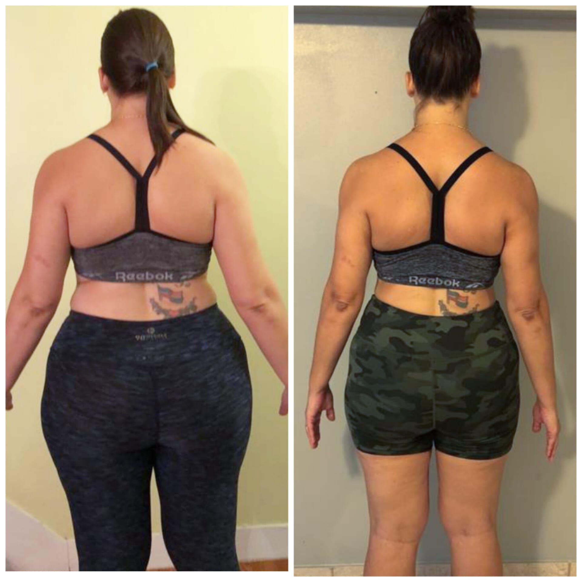 A before and after photo of a woman in a sports bra