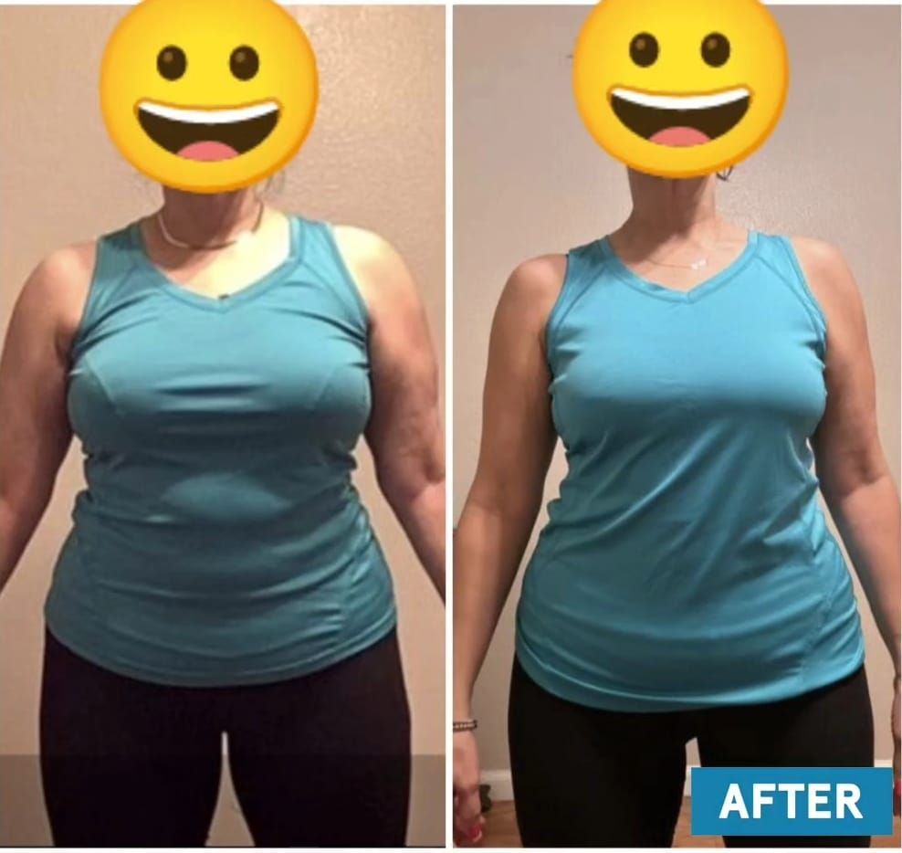 A before and after photo of a woman in a blue tank top